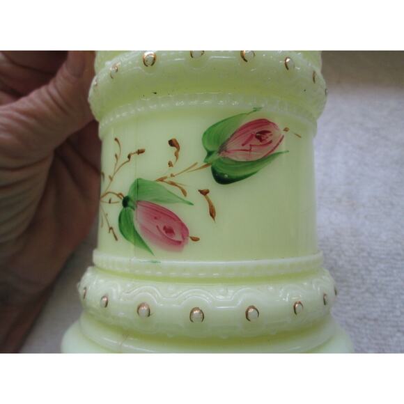 Jefferson Glass? Beautiful 4 1/2" custard glass jar, three mold mks, gold trim - Picture 4 of 7